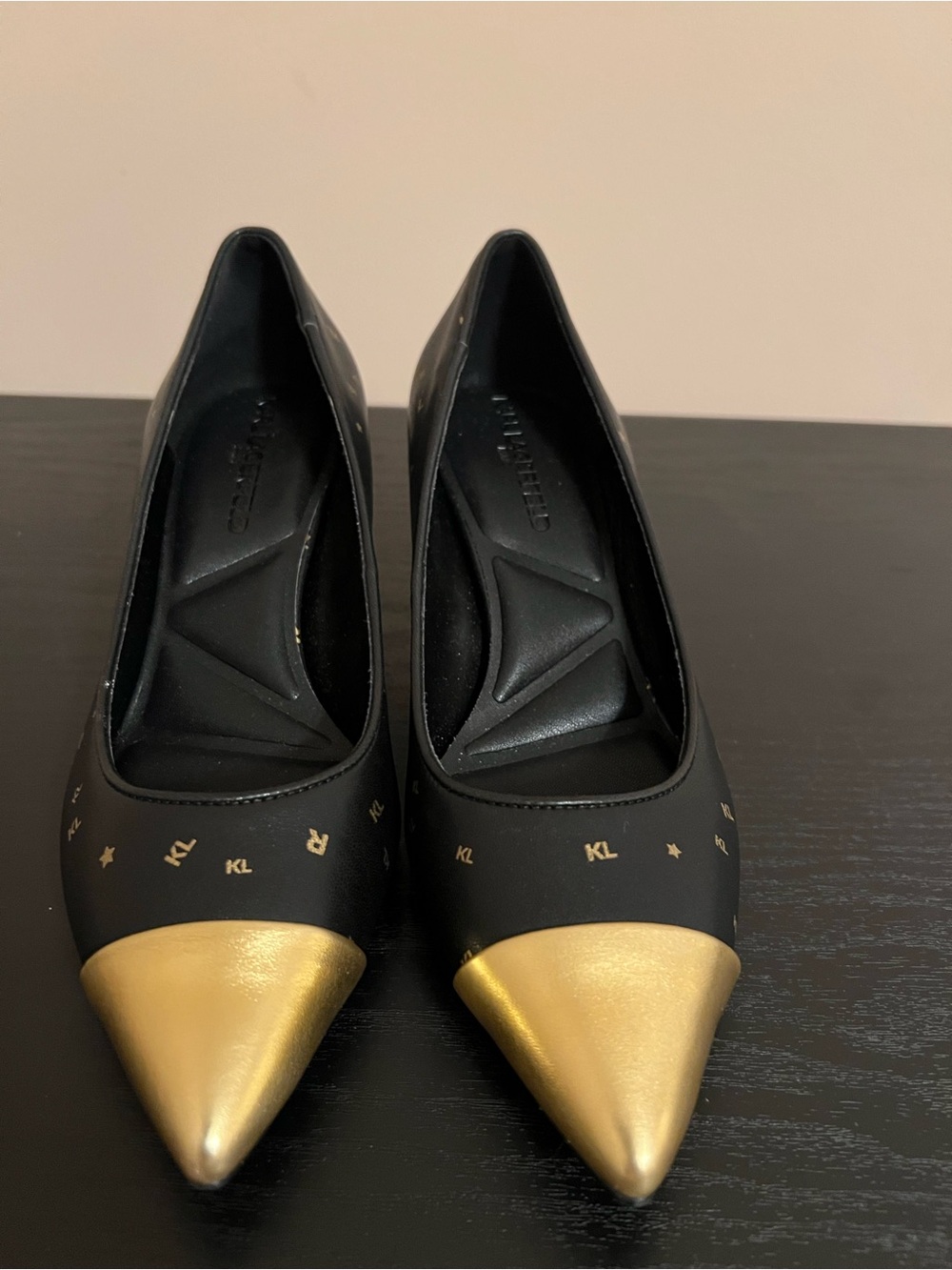 Karl Lagerfeld black/gold logo leather heels